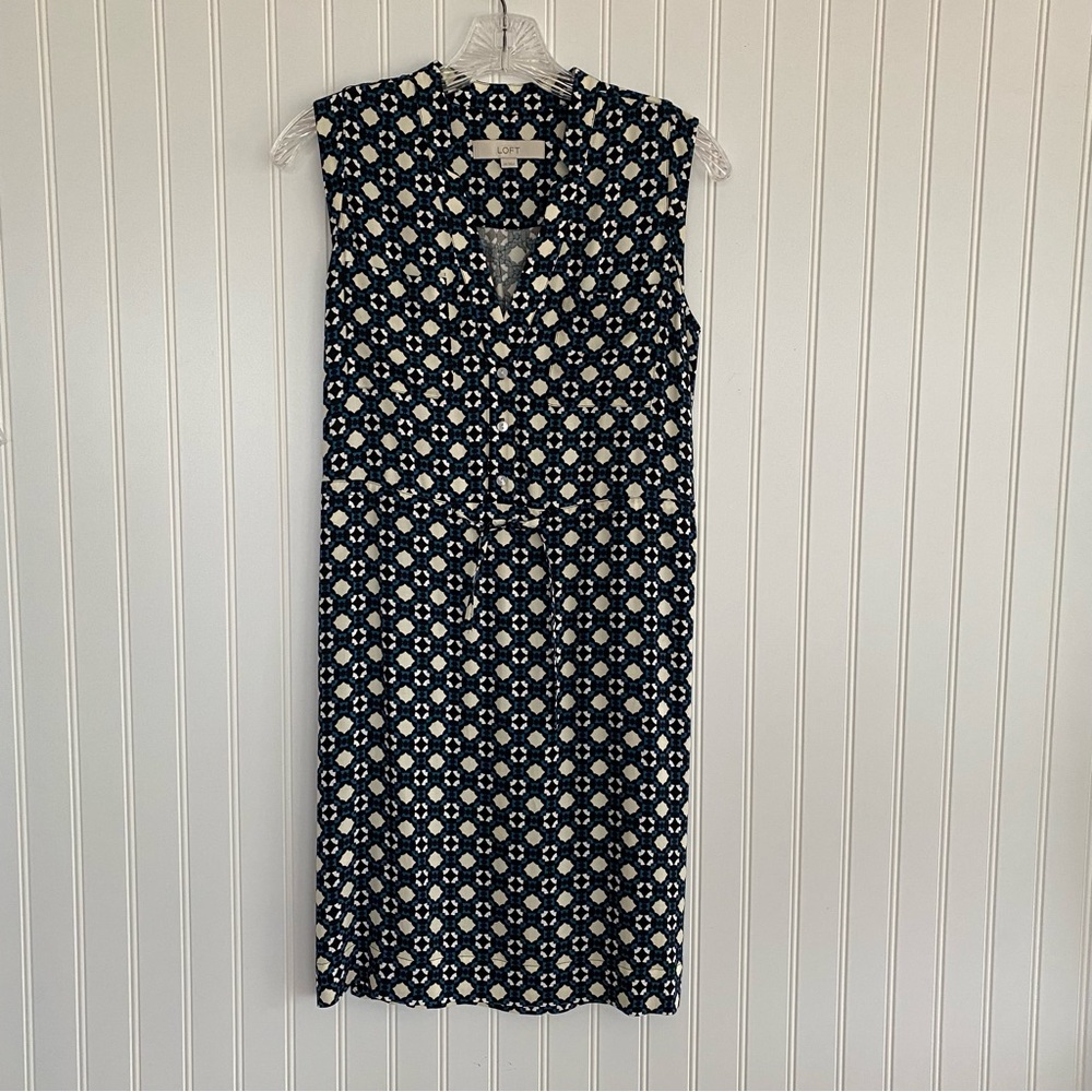 LOFT Black/ blue Sheath Dress Sleeveless V-neck, SIZE XS
